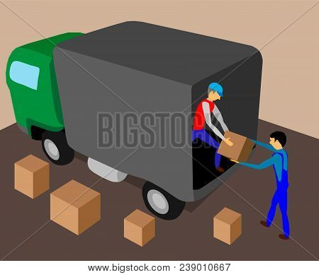 Two Workers Load The Truck With Cargo.
