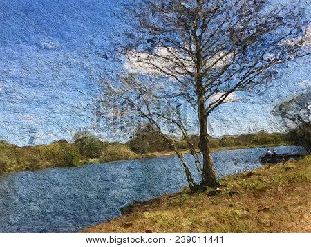 Digital Painting Of A Beautiful Blue Lake Surrounded By Trees On A Sunny Day, With A Blue Sky And Sp