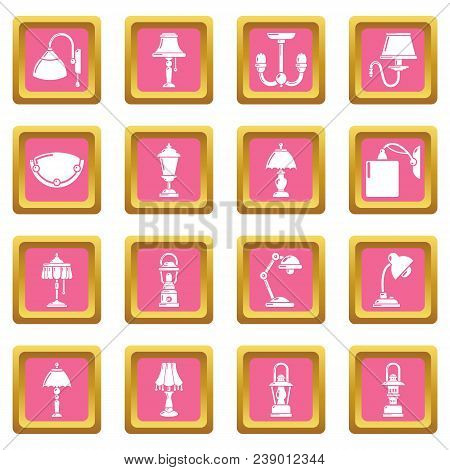 Lamp Icons Set Vector Pink Square Isolated On White Background