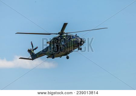 Berlin / Germany - June 28, 2018:  German Military Transport Helicopter, Nh 90 Flies On Airfield In 