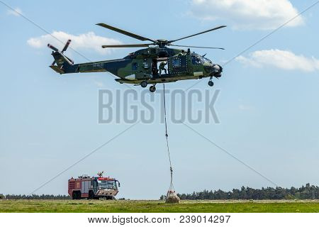 Berlin / Germany - June 28, 2018:  German Military Transport Helicopter, Nh 90 Flies On Airfield In 