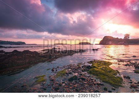 Sunset Aramar Beach In Antromero, Luanco. Asturias