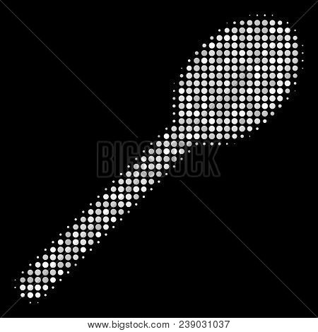 Spoon Halftone Vector Icon. Illustration Style Is Pixel Iconic Spoon Symbol On A Black Background. H