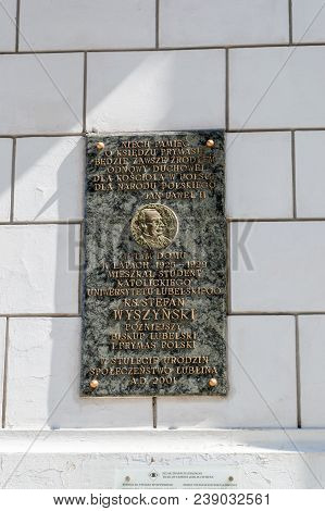 Lublin, Poland - April 14, 2018: Memorial Plaque For Roman Catholic Priest Stefan Wyszynski. Plaque 