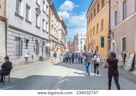 Lublin, Poland - April 14, 2018: Bramowa Street In Old Town Of Lublin.