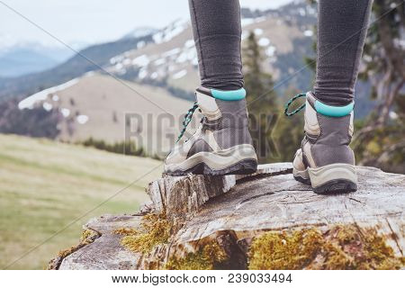 Close up of female classic leather hiking boots wearing by woman standing on stump in mountains - travel and outdoor activities concept