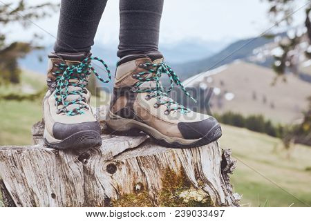 Close up of female classic leather hiking boots wearing by woman standing on stump in mountains - travel and outdoor activities concept