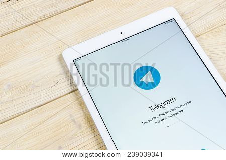 Sankt-petersburg, Russia, April 2, 2018: Telegram Application Icon On Apple Ipad Screen Close-up. Te