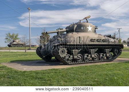 Fort Leonard Wood, Mo-april 29, 2018: Military Vehicle Sherman Flame Tank