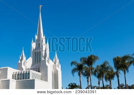 La Jolla, California/usa - February 24, 2018:  The Eastern Spire Of The Ornate, Marble San Diego Lds