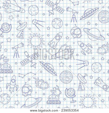Seamless Pattern On The Theme Of Space And Space Flight, Blue  Contour  Icons On The Clean Writing-b