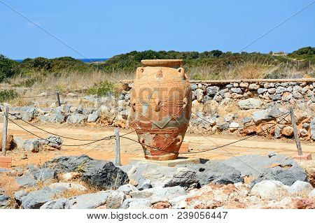 Ancient Large Terracotta Pot At The Minoan Malia Ruins Archaeological Site, Malia, Crete, Greece, Eu