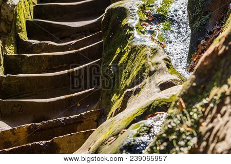 View Of The Streamlet Along The Stairs, Goryachy Klyuch, Russia. Close-up