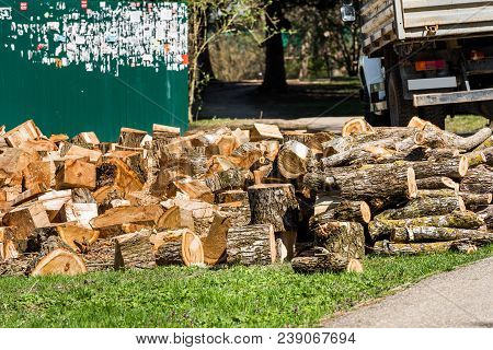 Heap Of Wooden Logs In A City Park In Goryachy Klyuch, Russia. Copy Space For Text