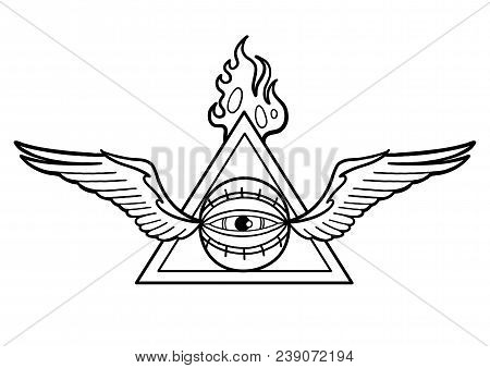 Graphic Winged All-seeing Eye With Black Falming Triangle On Background. Vector Art For Old School T