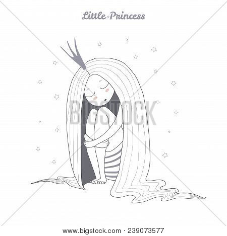 Hand Drawn Vector Illustration Of A Little Sleeping Princess With Long Hair In A Crown, Sitting, Wit