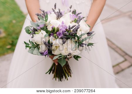 Wedding Dress, Wedding Rings, Wedding Bouquet With Lavanda And Peones