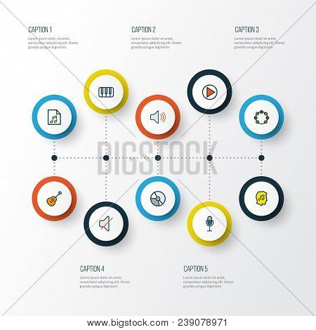 Multimedia Icons Colored Line Set With Soundtrack, Vinyl, Fanatic And Other List Elements. Isolated 
