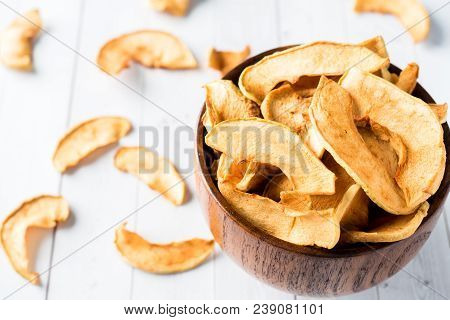 Dried Apples In A Wooden Bowl Ripe Green Apples On The Table