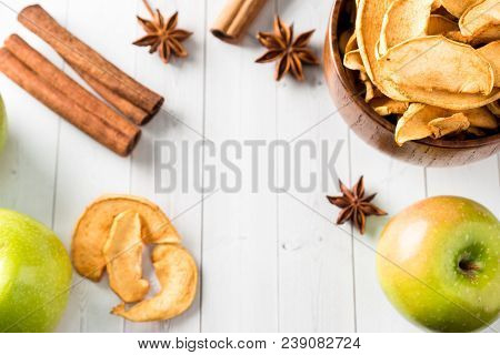 Dried Apples In A Wooden Bowl Ripe Green Apples On The Table Copy Space