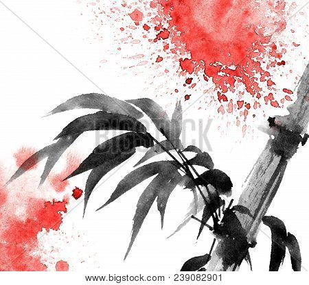 Watercolor And Ink Illustration Of Bamboo With Color Watersplashes. Oriental Traditional Painting In