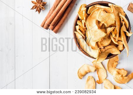 Dried Apples In A Wooden Bowl Ripe Green Apples On The Table Copy Space
