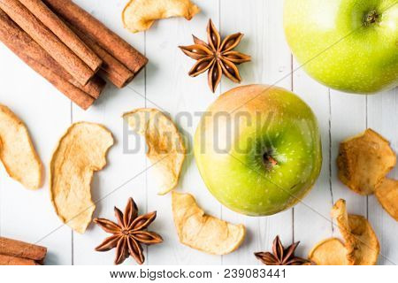 Dried Apples Ripe Green Apples Cinnamon Sticks Star Anise On The Table