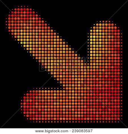 Dotted Arrow Down Right Icon. Bright Pictogram In Hot Color Tones On A Black Background. Vector Half
