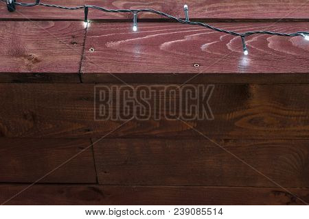 Natural Interior With Wood Wall Panels With Lights, Laterns. Texture Of Wood Use As Natural Backgrou