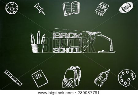 Back To School. School Icons On Chalkboard In The Form Of A Frame