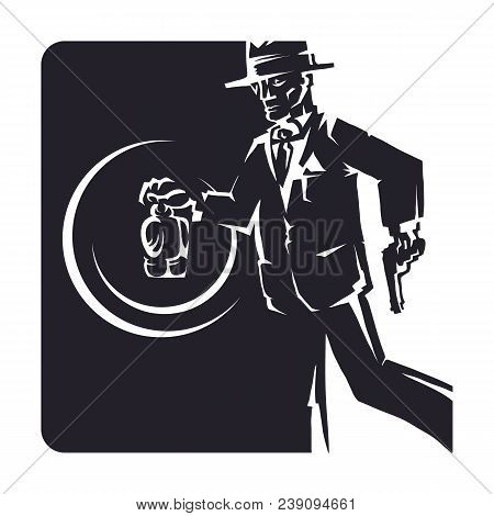 Detective With A Gun And A Flashlight In His Hand, At Night .in Suit And Hat .on The Background Of T