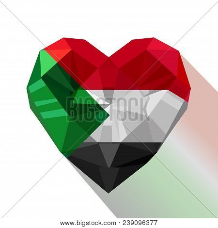 Vector Crystal Gem Sudanese Heart With The Flag Of The Republic Of The Sudan. Flat Style Logo Symbol