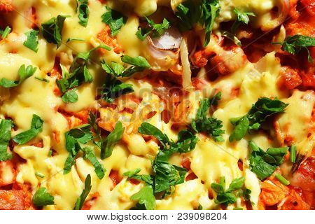 Background Pizza With Cheese Sausage Ketchup Tomatoes