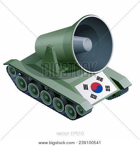 Propaganda Loudspeaker Mounted On The Military Truck. Green Metaphoric Device With Giant Megaphone M