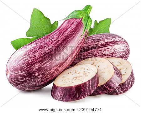 Aubergine or eggplant with aubergine slices on white background. File contains clipping path.
