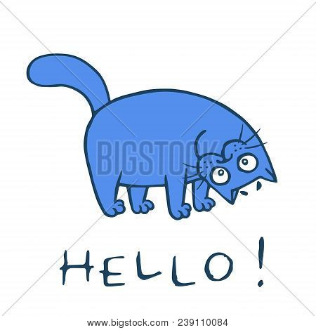 Cute Cat Is Happy And Crooked. Vector Illustration. Cartoon Pet Character.