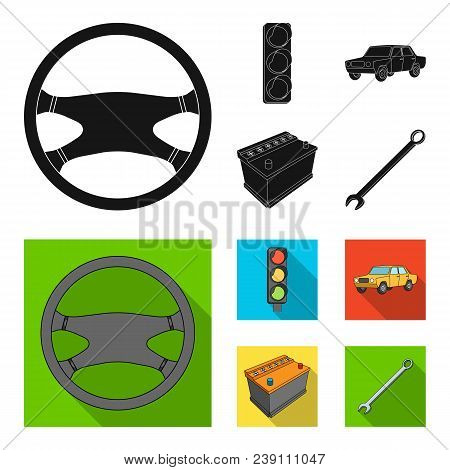 Traffic Light, Old Car, Battery, Wrench, Car Set Collection Icons In Black, Flat Style Vector Symbol