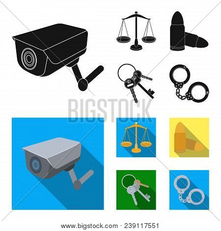 Scales Of Justice, Cartridges, A Bunch Of Keys, Handcuffs.prison Set Collection Icons In Black, Flat