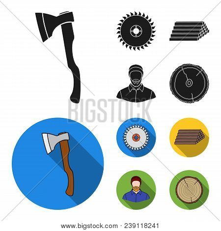 Circular Saw, A Working Carpenter, A Stack Of Logs. A Sawmill And Timber Set Collection Icons In Bla