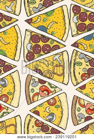 Pizza Slice Seamless Pattern. Wallpaper Background. Vector Engraving Old Style Illustration