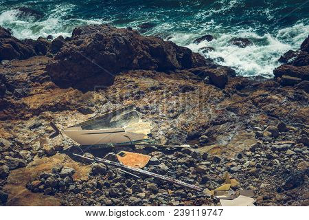 Remains Of A Shipwrecked Vessel On The Rocky Shore Of Flat Rock Point, Palos Verdes Estates, Califor