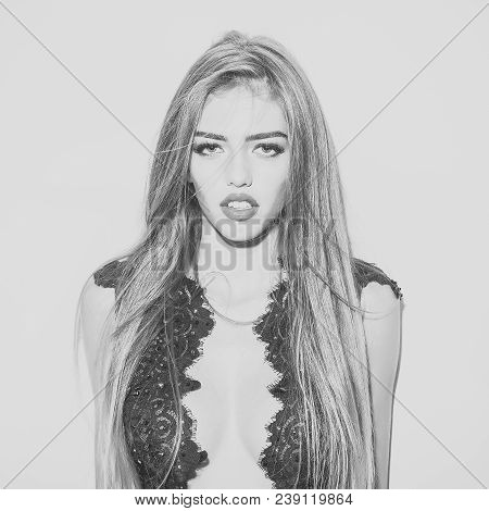 Portrait Of One Fashionable Pretty Sexy Female Model With Long Lush Hair And Open Red Lips In Black 