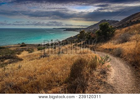 Dramatic Clouds And Coastline View Of The Pacific Ocean From The Corral Canyon Trail In Malibu, Cali