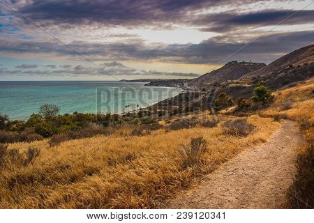 Dramatic Clouds And Coastline View Of The Pacific Ocean From The Corral Canyon Trail In Malibu, Cali