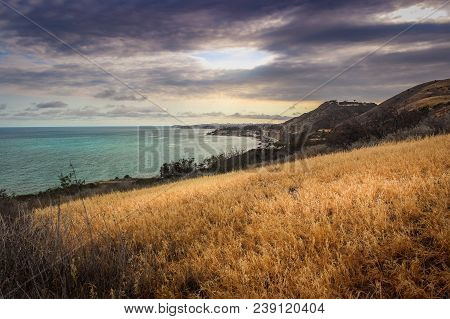 Dramatic Clouds And Coastline View Of The Pacific Ocean From The Corral Canyon Trail In Malibu, Cali