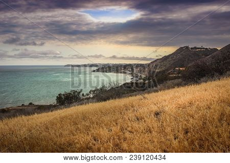 Dramatic Clouds And Coastline View Of The Pacific Ocean From The Corral Canyon Trail In Malibu, Cali
