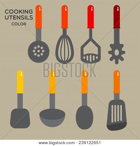 Hand Held Silicone Cooking Utensils With Colorful Handle, On Light Blue Background.