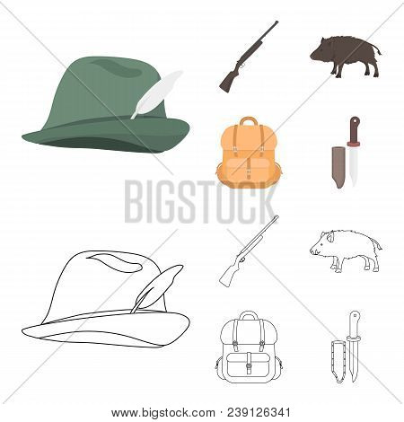 A Hunting Hat With A Feather, A Wild Boar, A Rifle, A Backpack With Things..hunting Set Collection I
