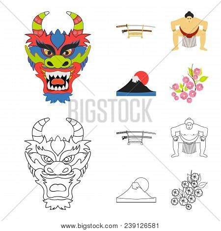 Dragon Mask, Katano, A Man Is A Sumo Player, A Fujiama Mountain.japan Set Collection Icons In Cartoo