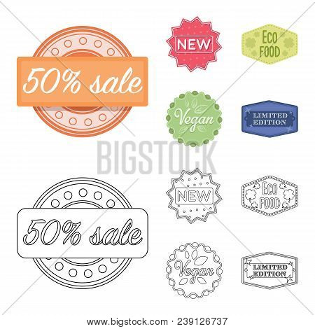Percentage Sale, New, Eco Food, Vegan.label, Set Collection Icons In Cartoon, Outline Style Vector S